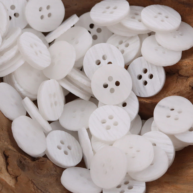 White round resin buttons with wood-grain finish look, 4-hole design