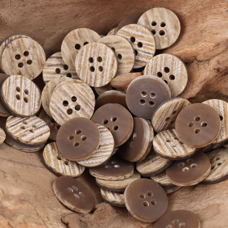 Round resin buttons with wood-grain pattern in tan, light brown, and dark brown tones
