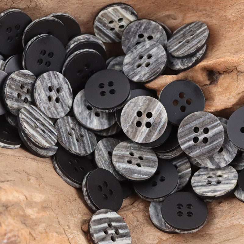 Assorted round 4-hole resin buttons with wood-grain pattern in black-gray and gray tones