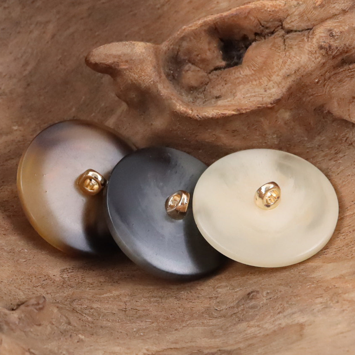 Resin coat buttons with metal shanks—ivory, gray, and tan button tops, 3 visible