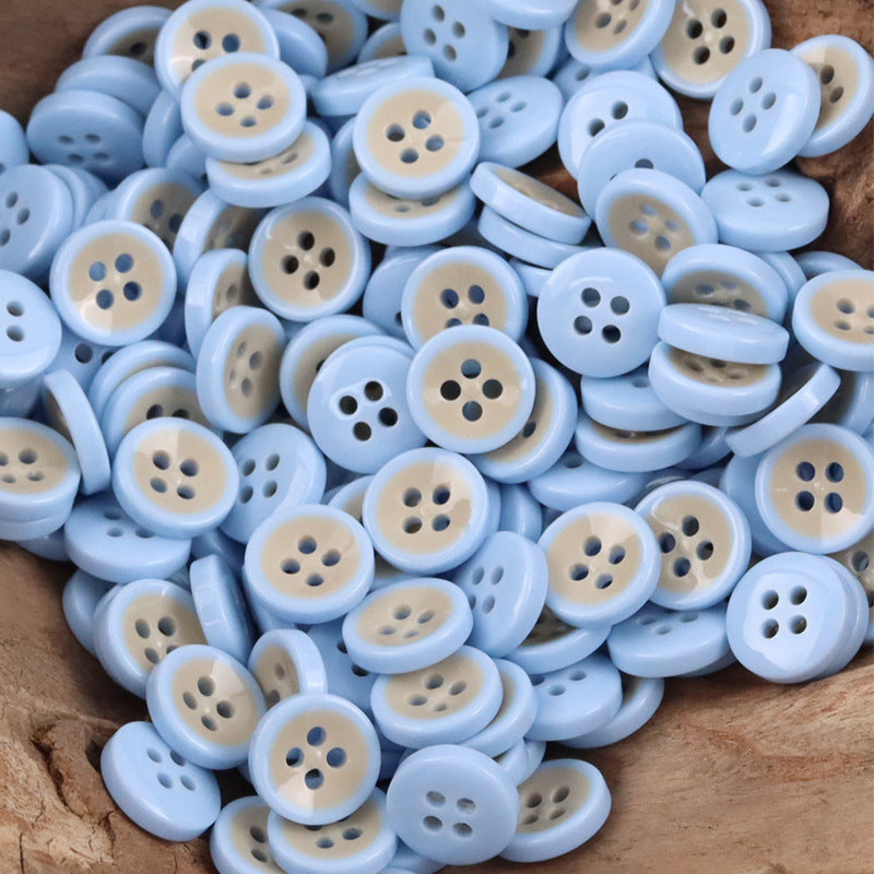 Sky-blue resin buttons, 4-hole, 11.5mm bowl-shaped, pile with flat fronts