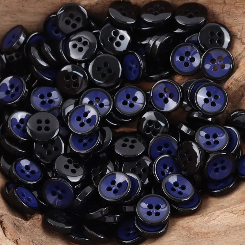 Dark resin buttons with blue accents, 4-hole, 11.5mm bowl-shaped, pile