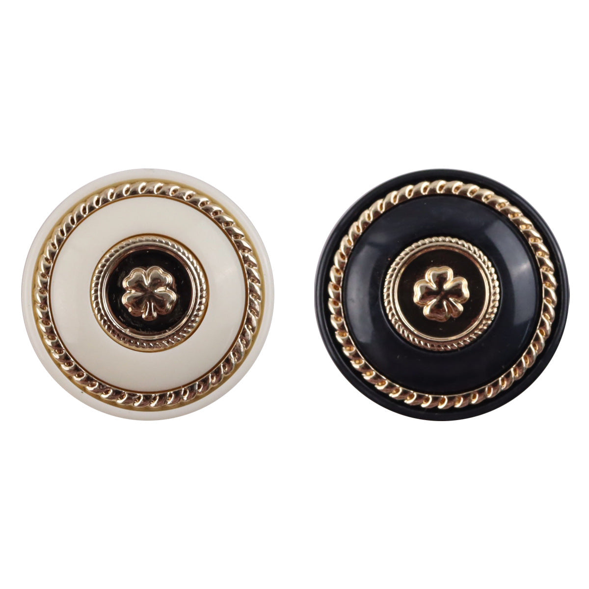 Round resin buttons, gold clover design, metal shanks—white and black set