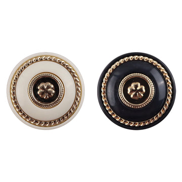 Round resin buttons, gold clover design, metal shanks—white and black set