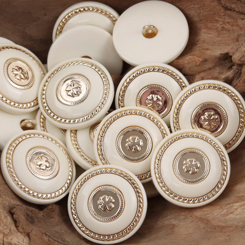 White round resin buttons with gold clover centers and metal shanks, multiple pcs