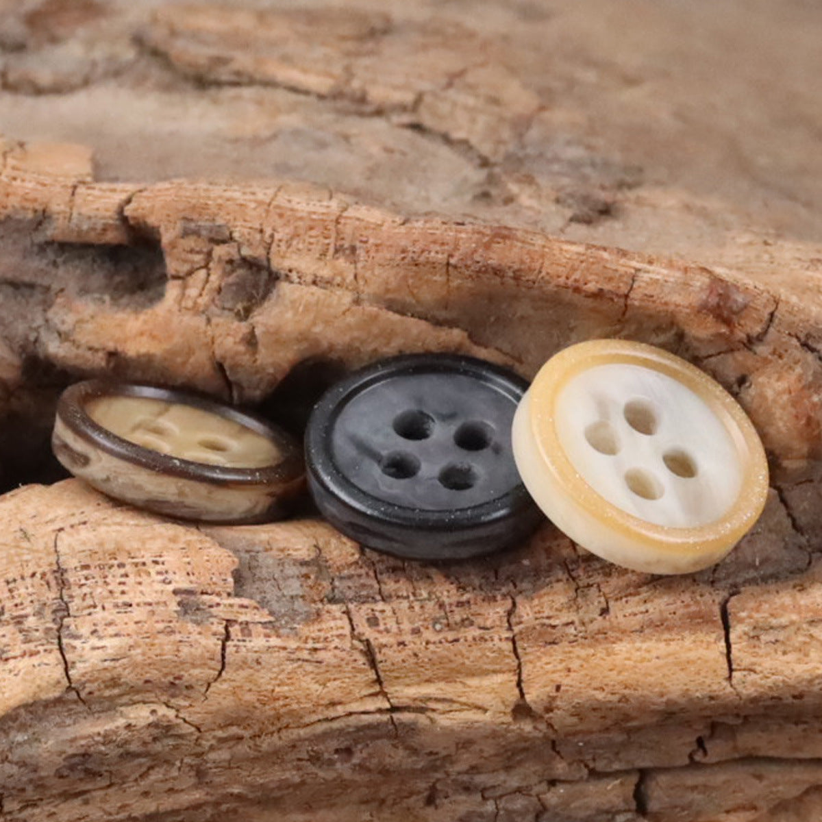 Resin buttons on wood: khaki, coffee-brown, and black round four-hole designs