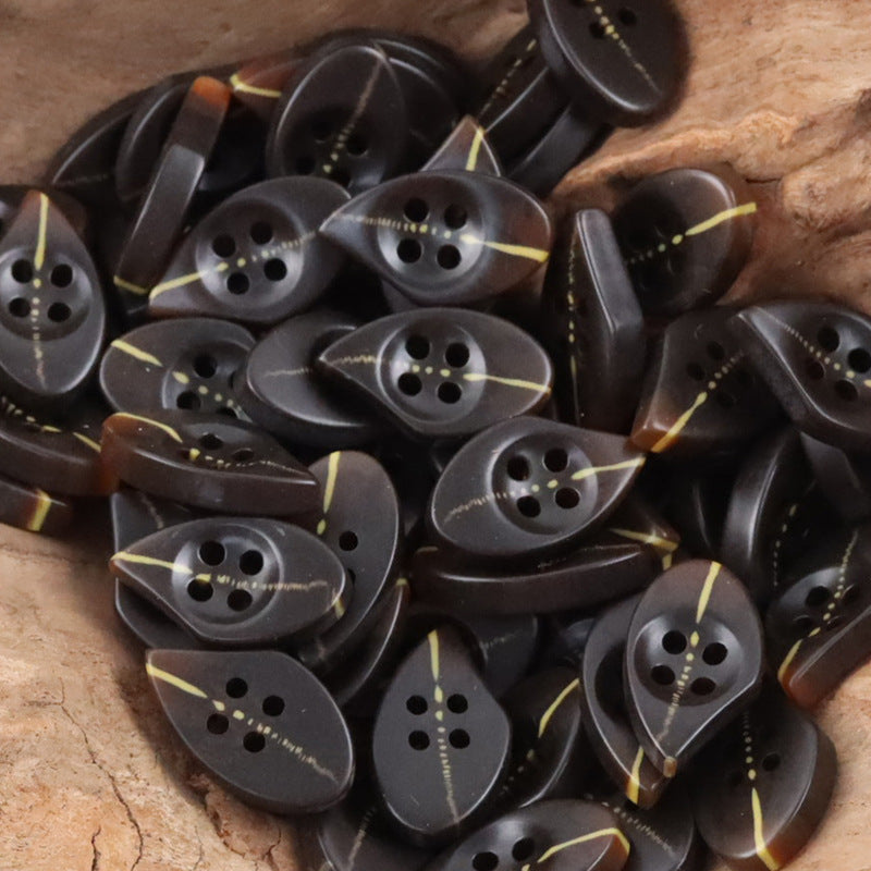 Coffee resin drop-shaped buttons, glossy dark brown, 4-hole set