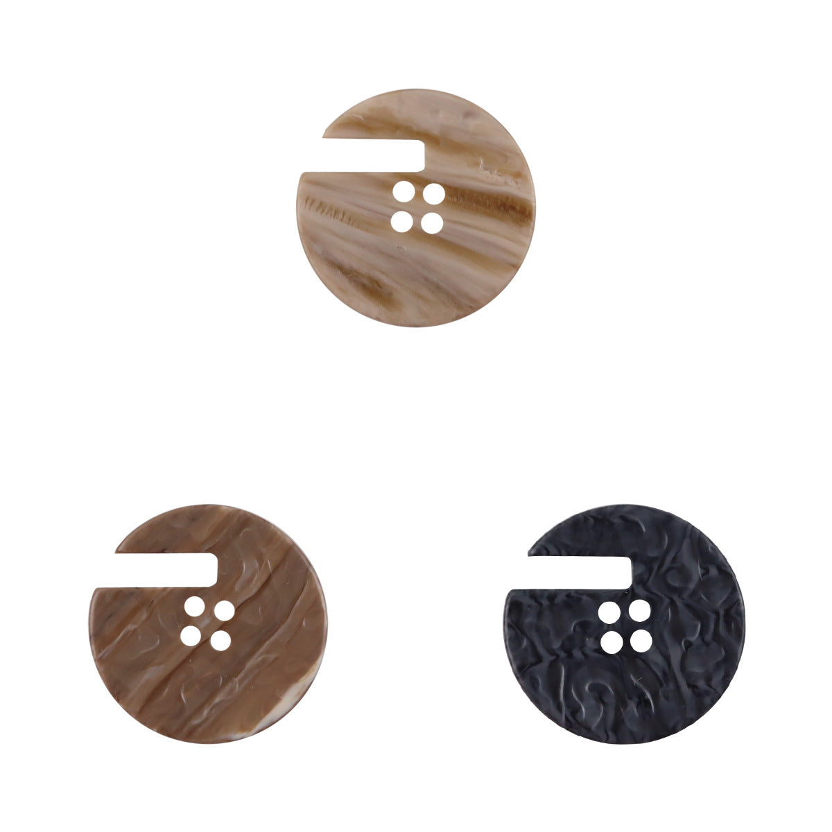Wood grain resin button in khaki color, round with side notch and four holes