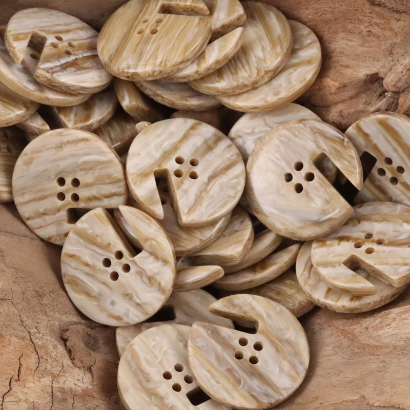 Light wood-grain resin buttons set, round with side notch and four-hole pattern