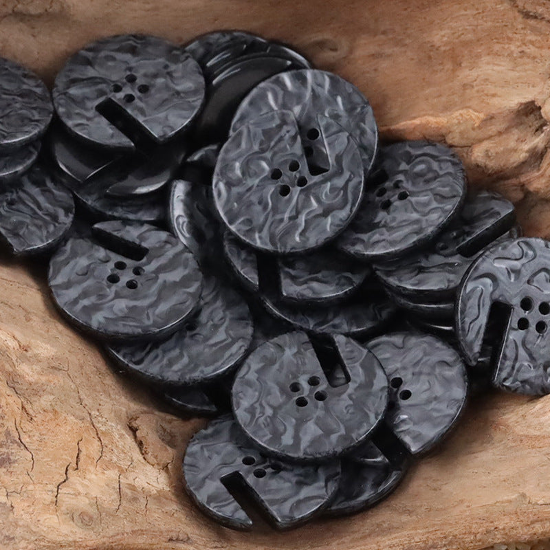 Black wood-grain resin buttons set, round with side notch and four-hole clusters