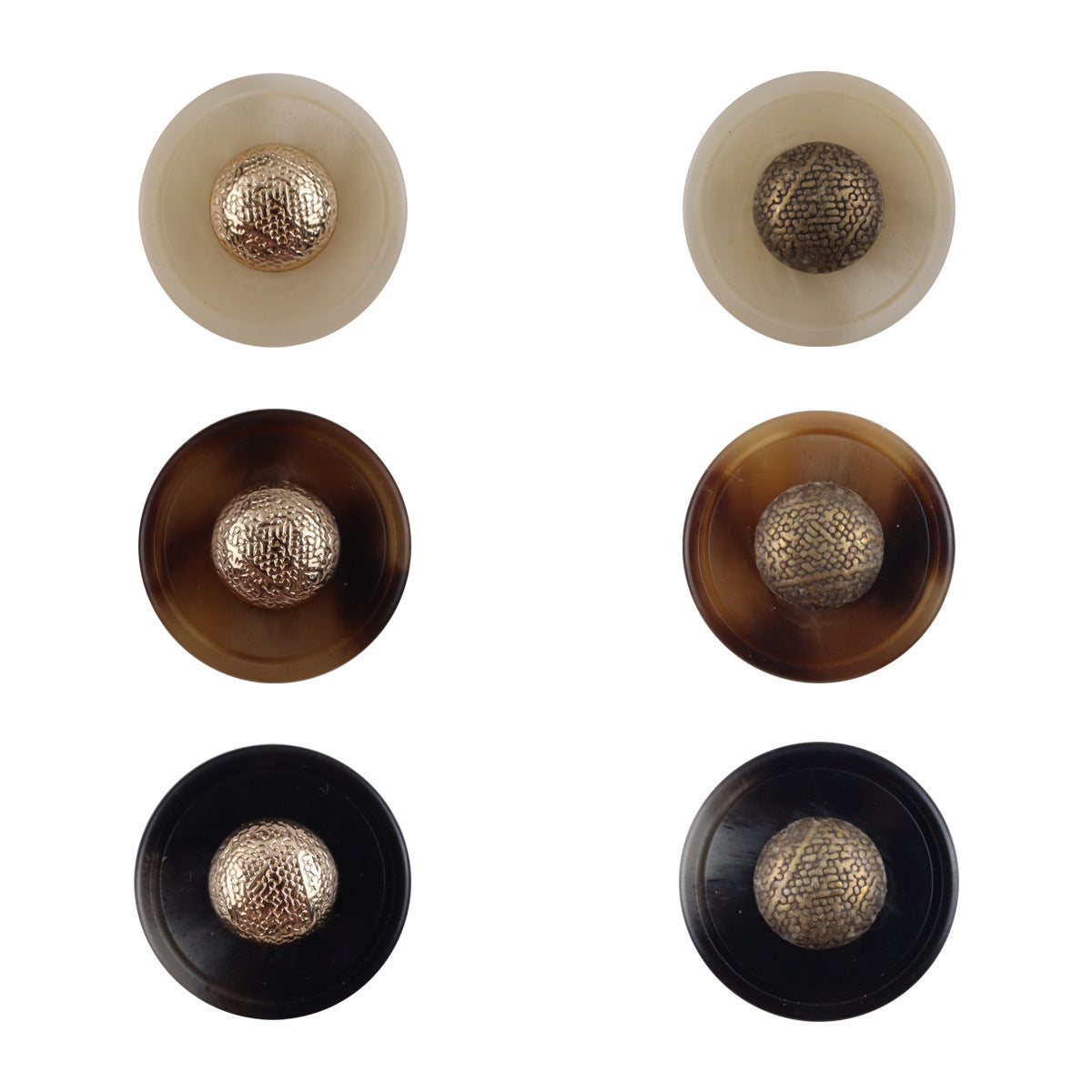 Cap-shaped resin buttons with metal shanks, gold-tone tops on light, dark, and black bases