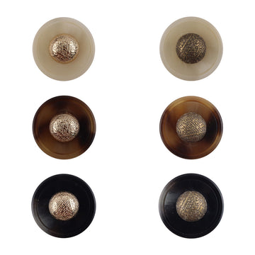 Cap-shaped resin buttons with metal shanks, gold-tone tops on light, dark, and black bases