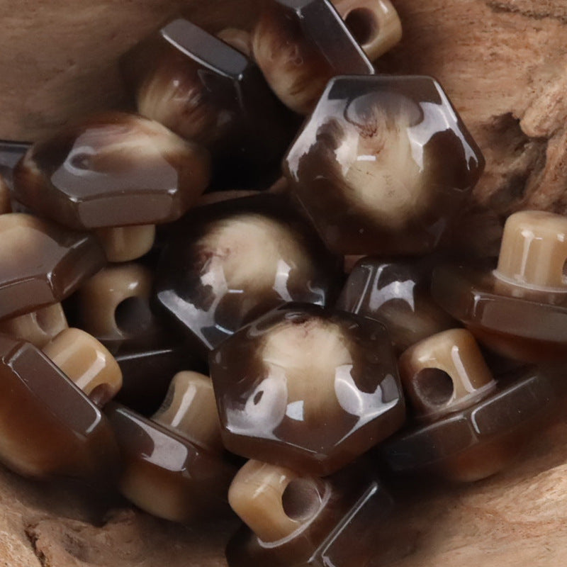 Coffee-brown 26mm hex resin shank buttons, glossy faceted front with loop