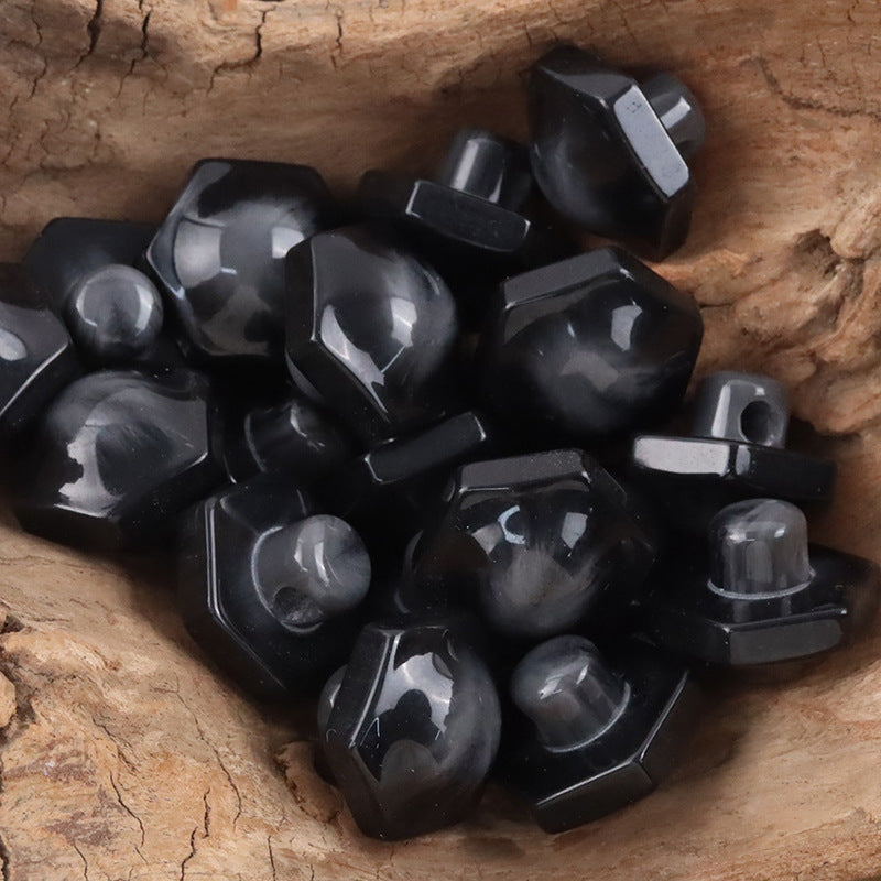 Black 26mm hex resin shank buttons, glossy faceted surface with loop
