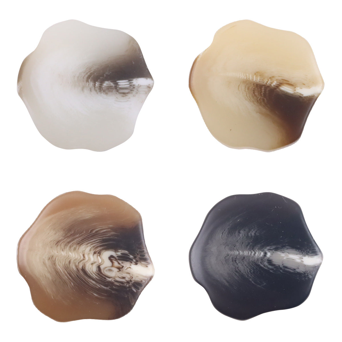 Screw-shaped 30mm resin shank buttons in white, beige, brown, and black—round backs