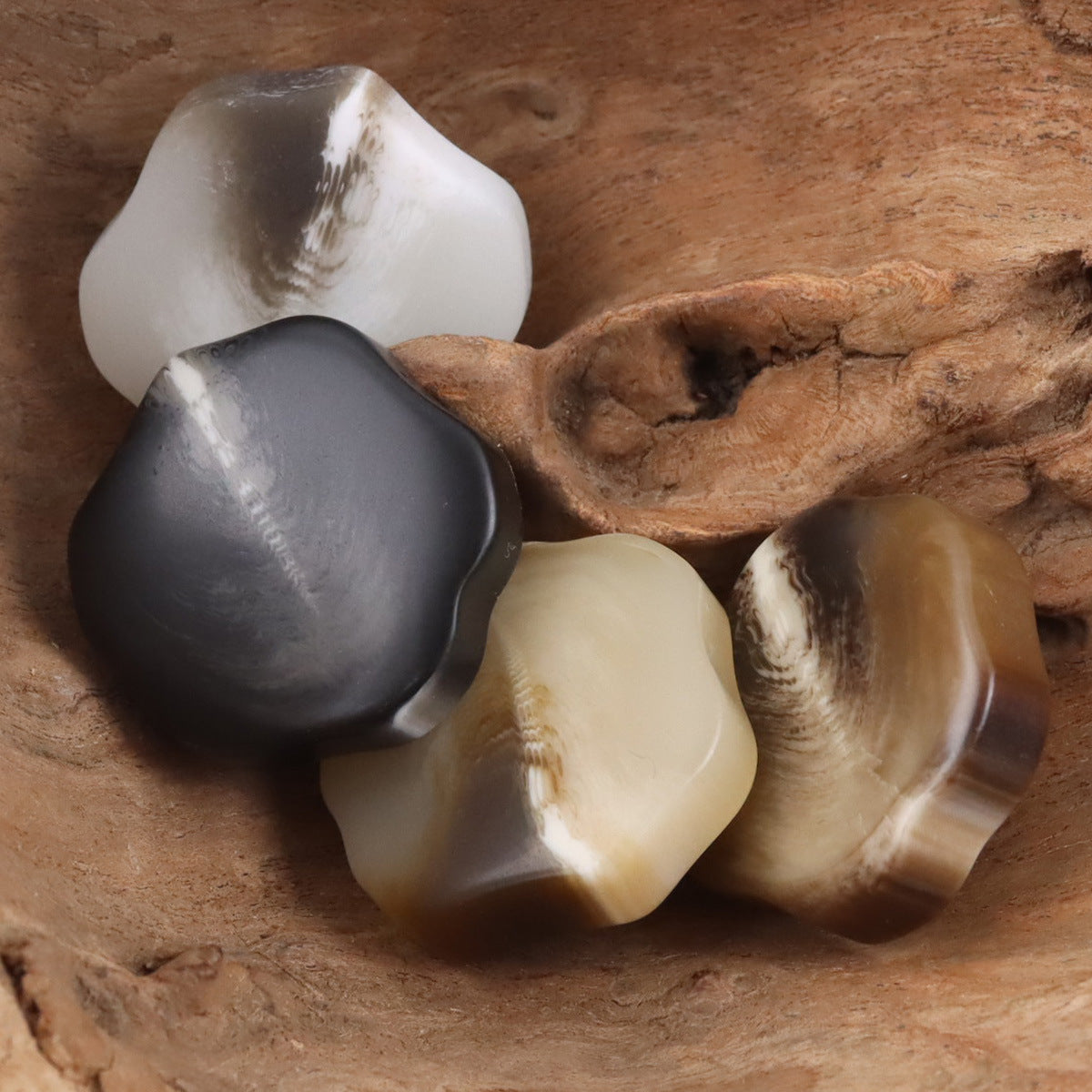 30mm resin shank buttons in white, dark gray, and tan marbled finish with holes