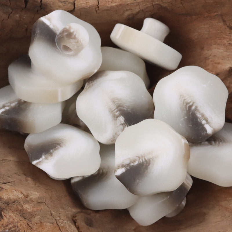 White 30mm resin shank buttons, rounded screw-back with central hole