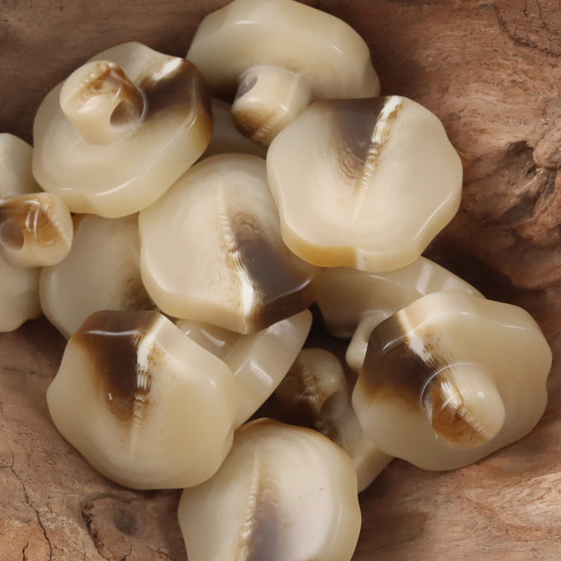 Khaki 30mm resin shank buttons, rounded screw-back with visible drilled holes
