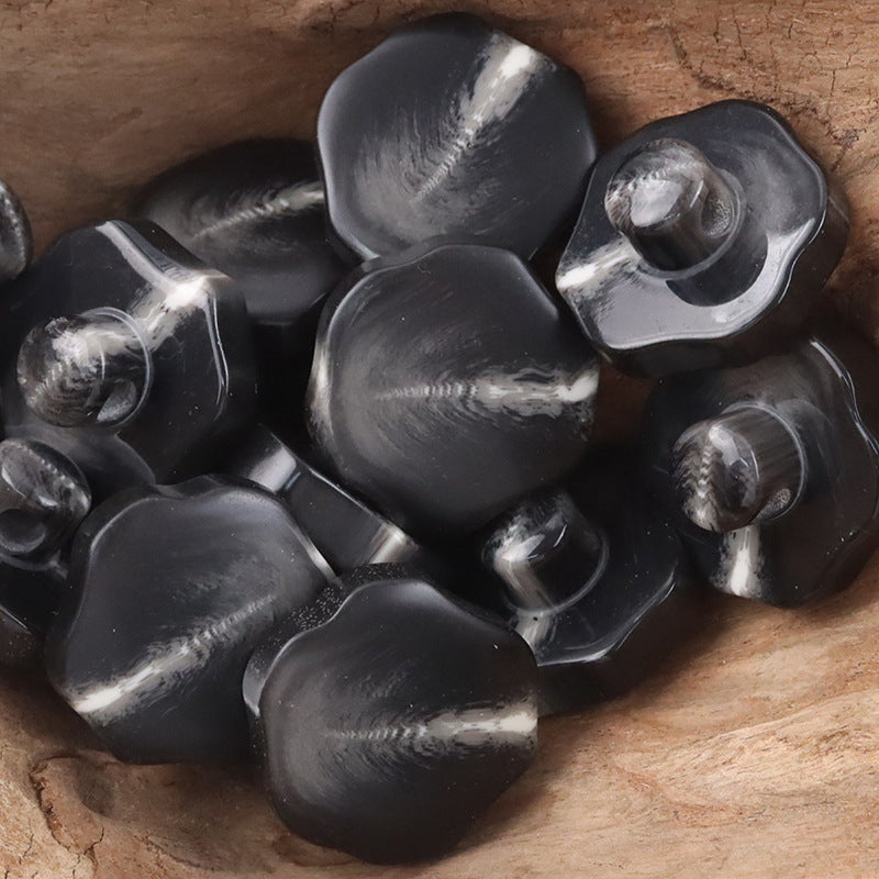 Black 30mm resin shank buttons, glossy rounded screw-back with central holes