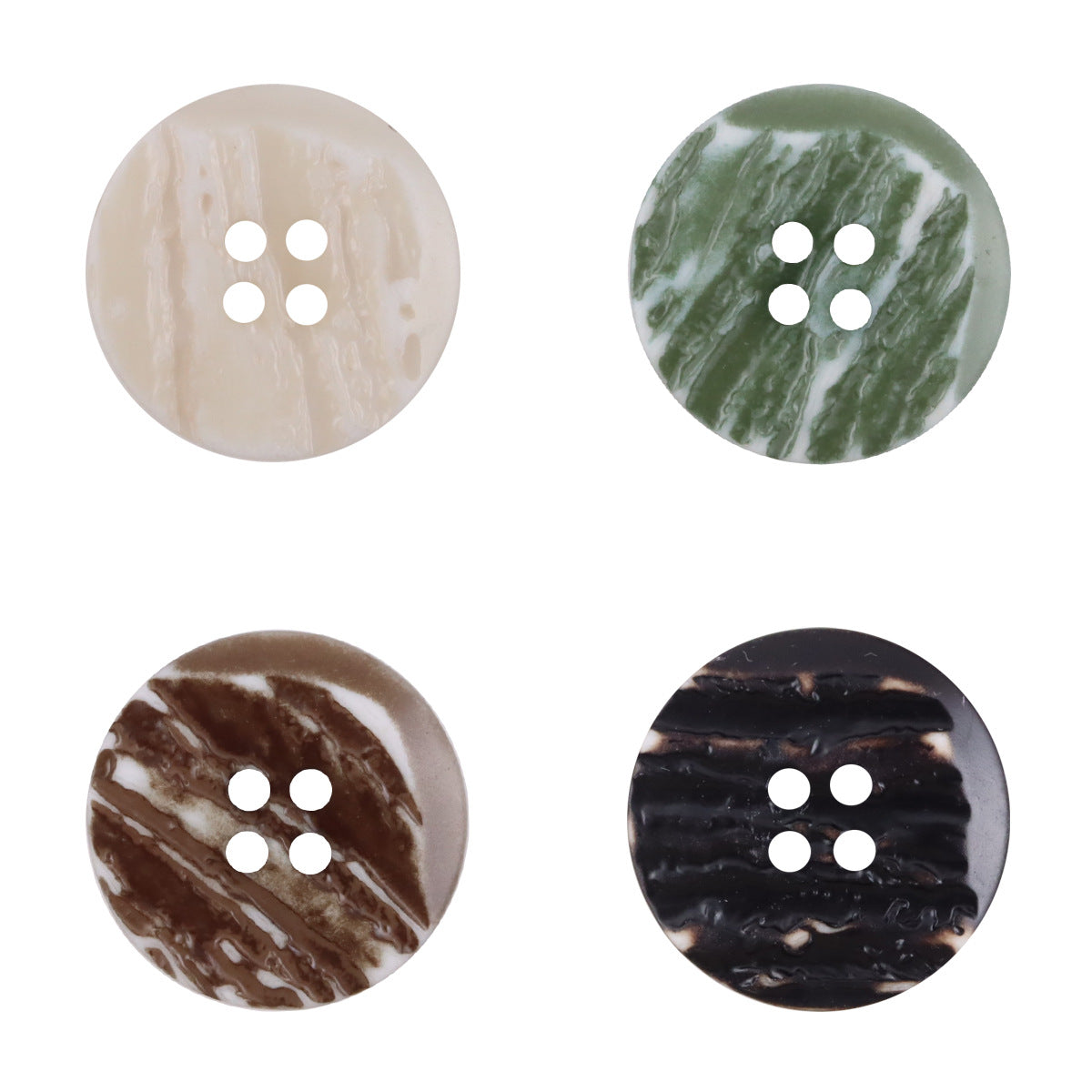 Woodgrain resin buttons, 4-hole, white, green, coffee, black (beveled edges)