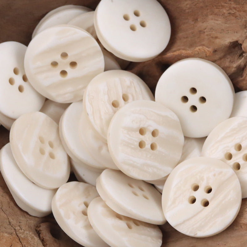 Beveled white resin buttons, 4-hole design, mixed woodgrain textures