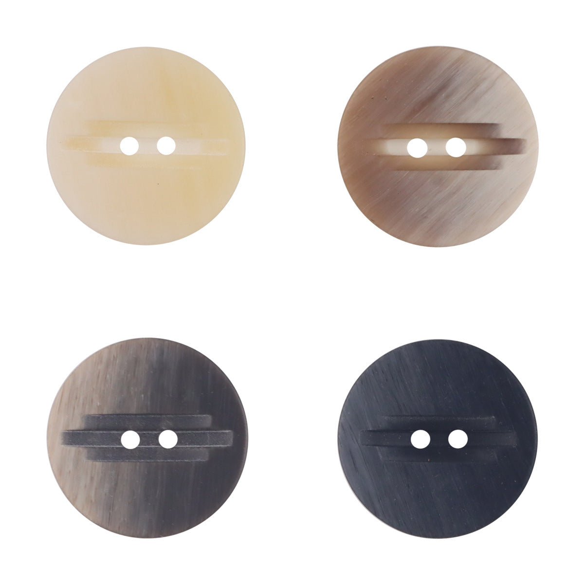 2-hole resin buttons, wood-grain style: beige, brown, dark brown, black