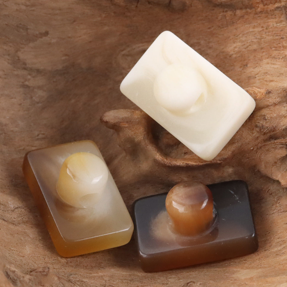 Rectangular resin buttons with shanks in light shades: off-white, beige, amber & brown (4 pcs)