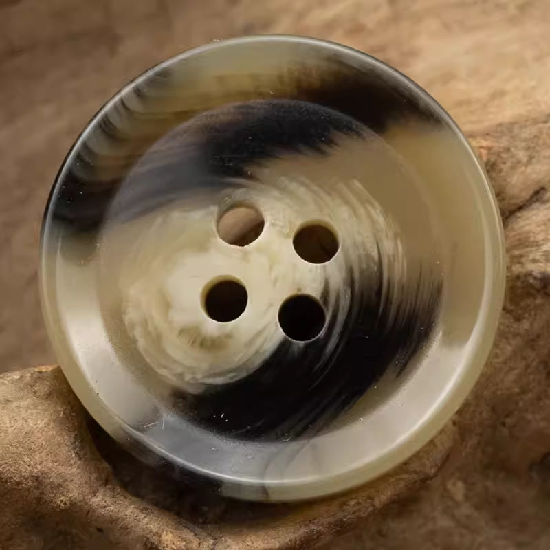 Khaki/coffee resin 4-hole button, round with brush-stroke pattern
