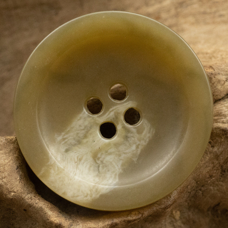 Wide-edged 4-hole urethane button, khaki/olive, round bowl shape