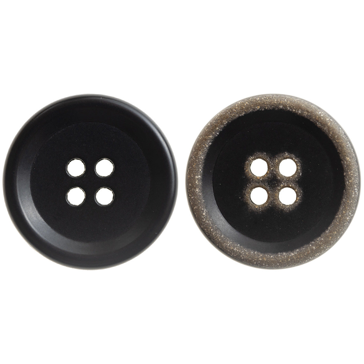 15–20mm vintage urea buttons, 4-hole—black vs burnt black (pair view)