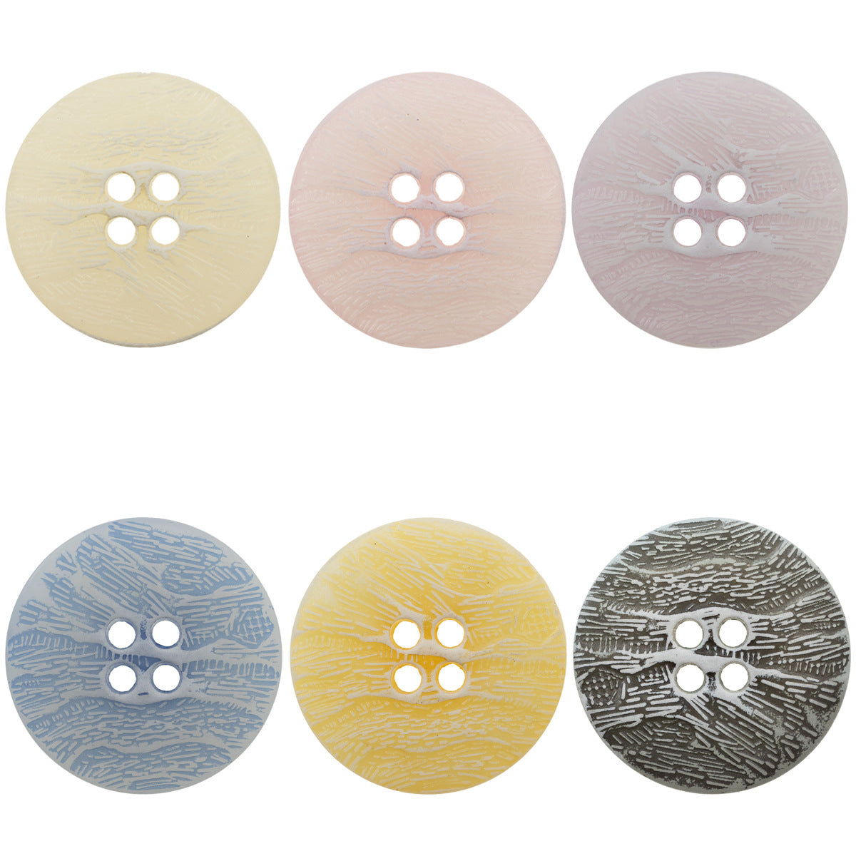 Imitation bark distressed buttons, 4 holes, colors: white, pink, purple, blue, yellow, gray