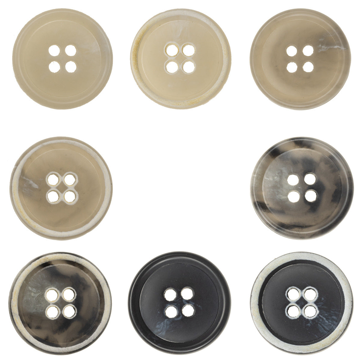 Urea resin buttons, round, 4-hole design in light tones