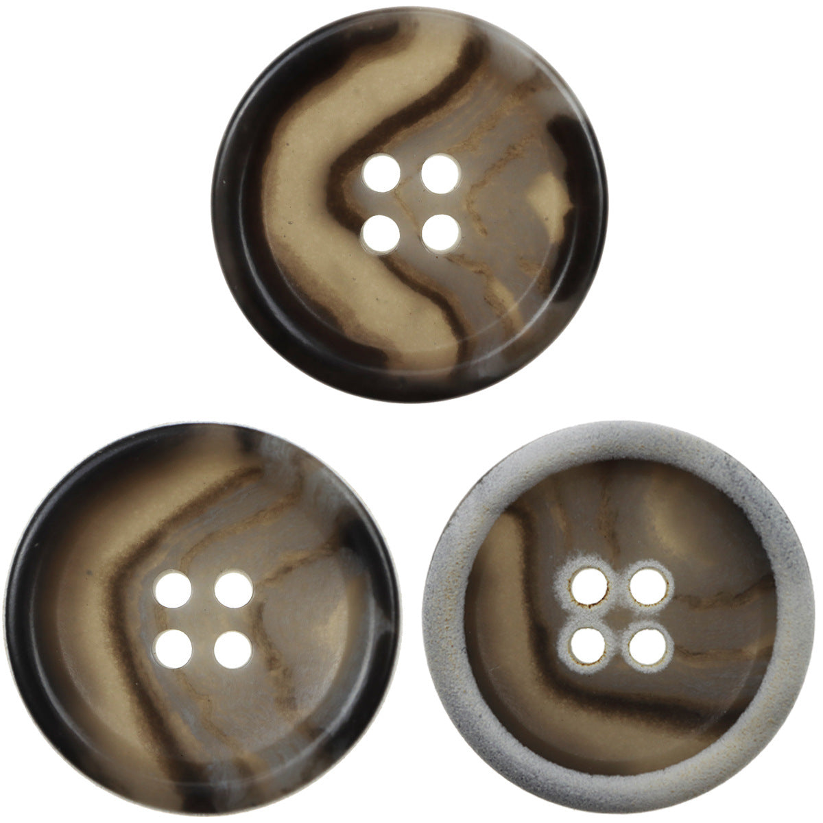 Vintage urea button set, dark gray-black, textured face with 4 holes, burnt edges