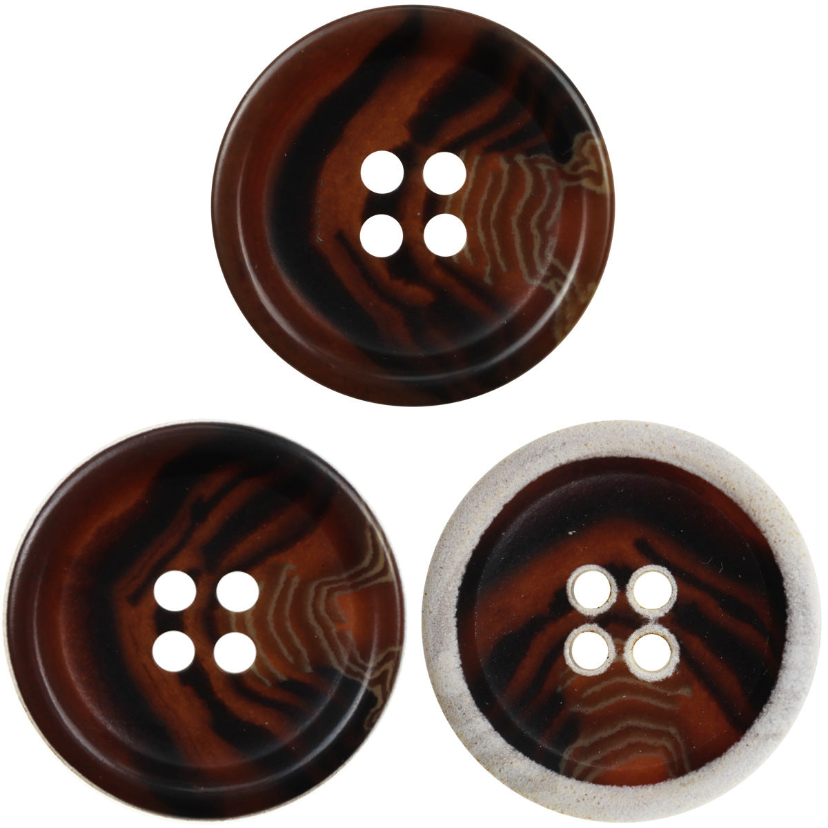 Dark-brown urea coat buttons, 4 holes, burnt-edge swirl finish, 30-pack