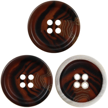 Dark-brown urea coat buttons, 4 holes, burnt-edge swirl finish, 30-pack