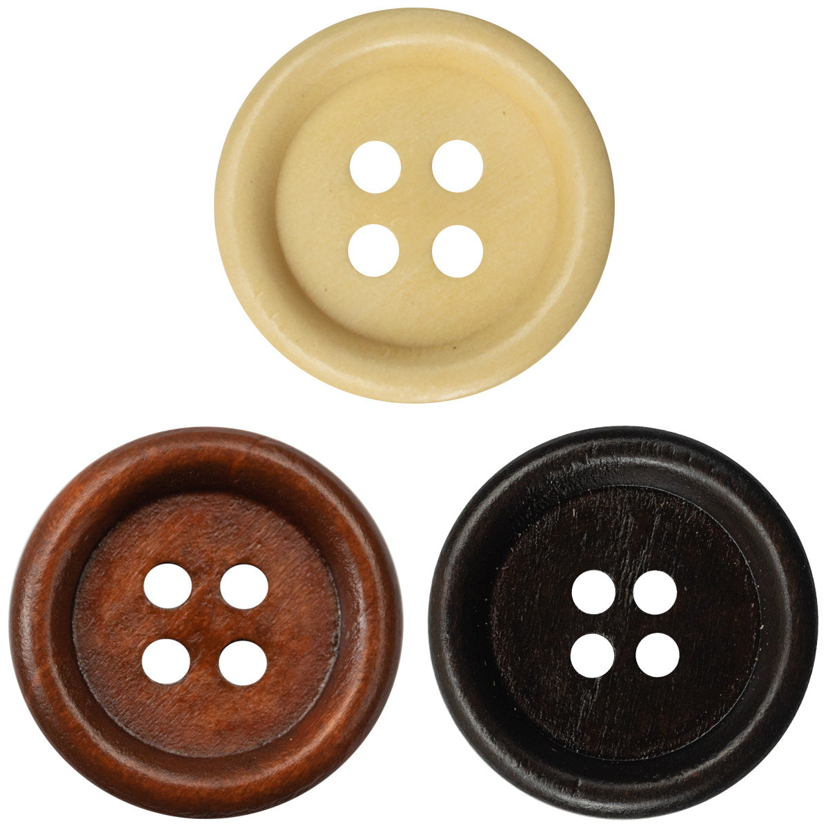 Vintage round 4-hole wooden buttons—light yellow, brown, and black (3 shown)