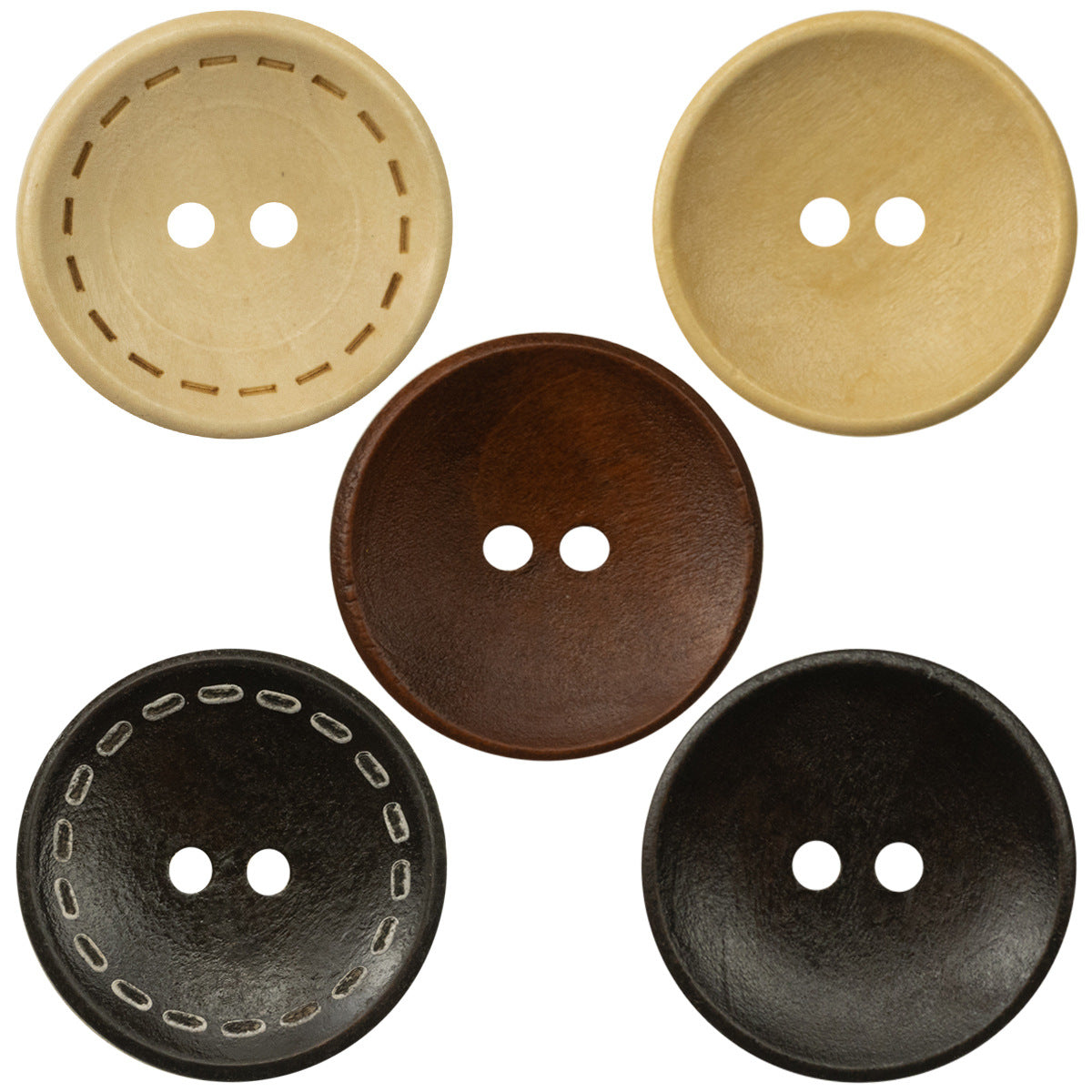 Two-hole dotted wood buttons, bowl-shaped, mixed colors with stitched detail around edges