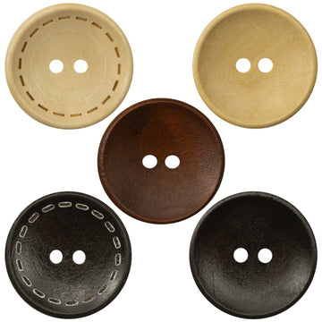 Two-hole dotted wood buttons, bowl-shaped, mixed colors with stitched detail around edges