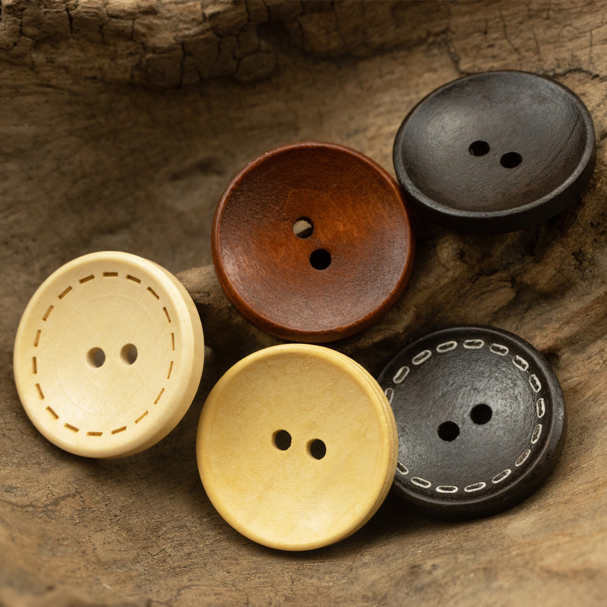Two-hole dotted wood buttons, bowl-shaped, assorted finishes with two-button holes