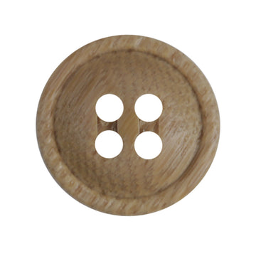 Natural bamboo round button, light tan with four holes and subtle wood grain.