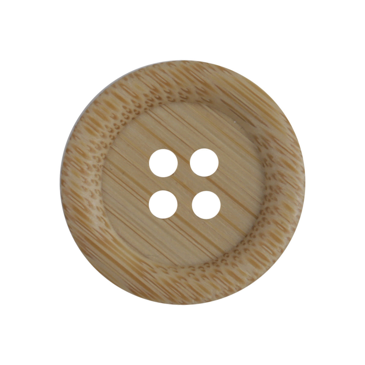 Round bamboo button with four holes, thick rim, light tan wood grain