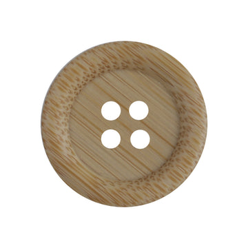 Round bamboo button with four holes, thick rim, light tan wood grain