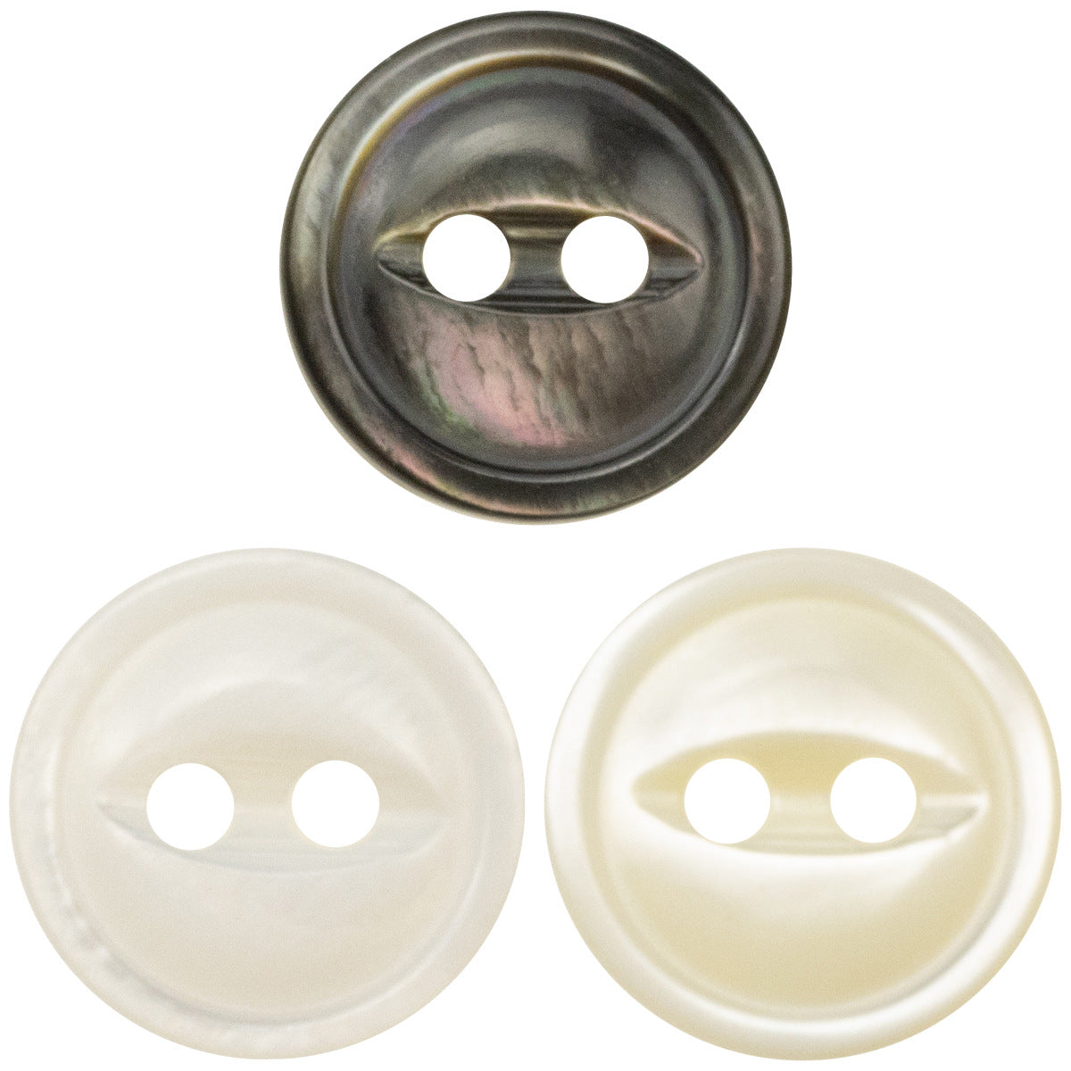 Natural pearl shell button set, fish-eye design, 3 colors (white, beige, black), 2-hole