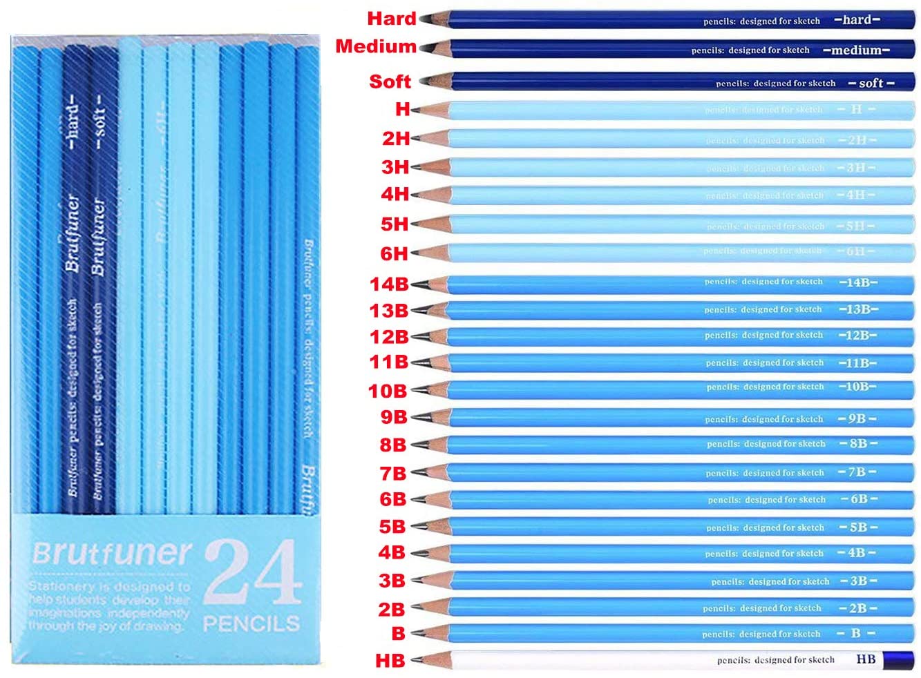 BRUTFUNER 24 Pieces Professional HB Sketching Pencil Set for Drawing Drafting