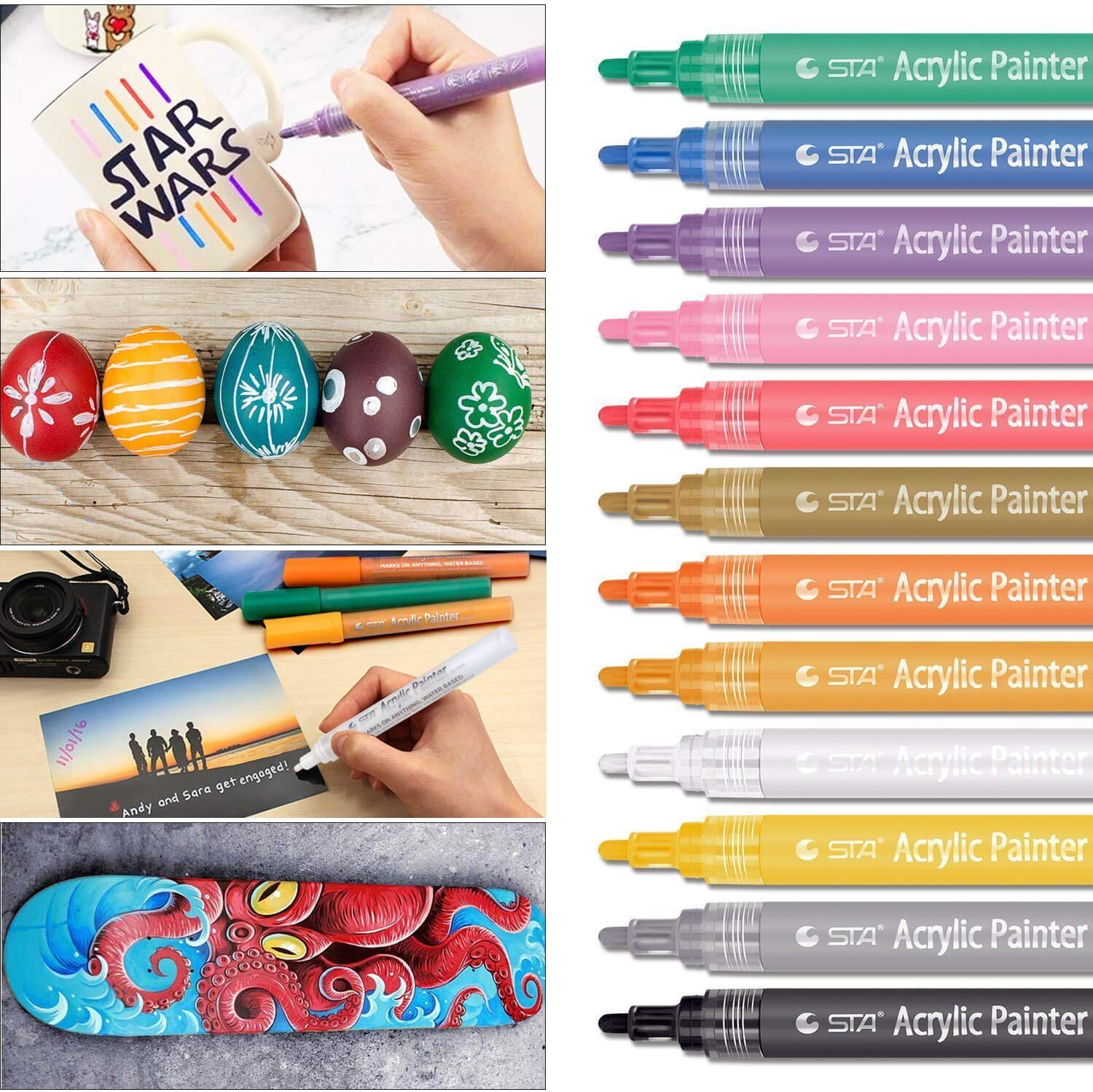 STA 1000 Acrylic Painter Marker Pens 12 Color for Glass Rock Wood Canvas