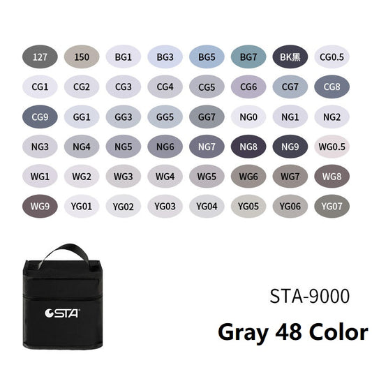 STA Pro Color Marker Plus 48 Gray Tone Alcohol Art Markers with Carrying Bag