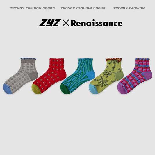 Women's Summer Thin Color-Block Striped Dot Sport Socks 5 Pack R8680