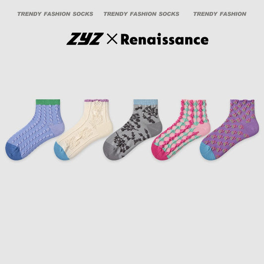 Women's Summer Thin Color-Block Striped Dot Sport Socks 5 Pack R8681