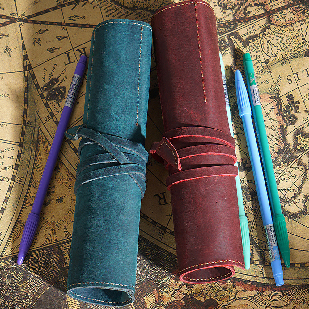 Roll-Up Leather Wrap Pen Pouch with 5 Slots