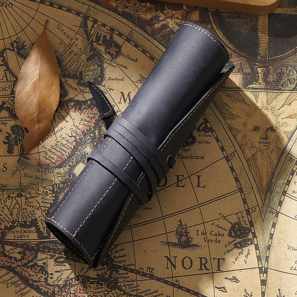 Roll-Up Leather Wrap Pen Pouch with 5 Slots